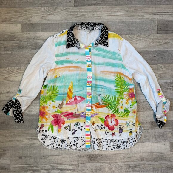 John Mark Beach Scene button down blouse long sleeve size large D22 - Picture 1 of 5
